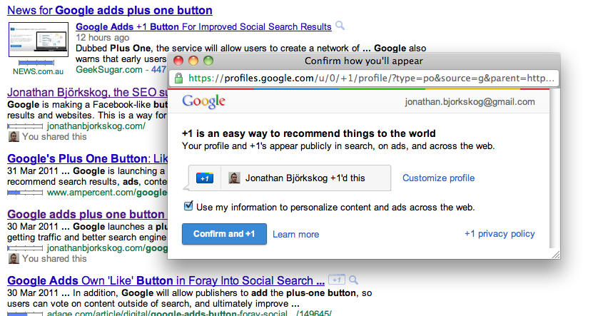 google 1 button. The plus one button is visible