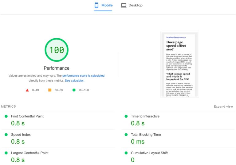 Image of Google page speed insights of a fast web page